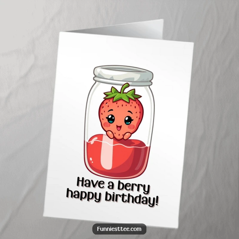 Funny Free Printable birthday card showing a cheerful strawberry character surprised to be stuck in a jam jar.