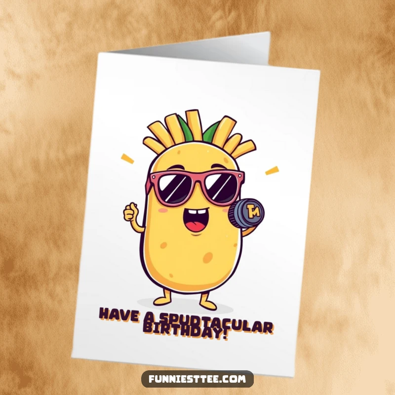Funny Free Printable Birthday Card: A potato in sunglasses poses with a French fry mic, ready to party.