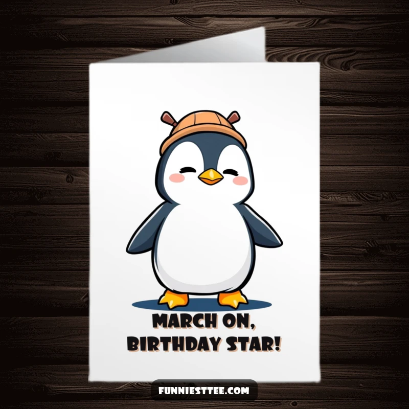 Funny Free Printable Birthday Card: Determined penguin in propeller hat marching with gusto, ready for birthday celebration fun.