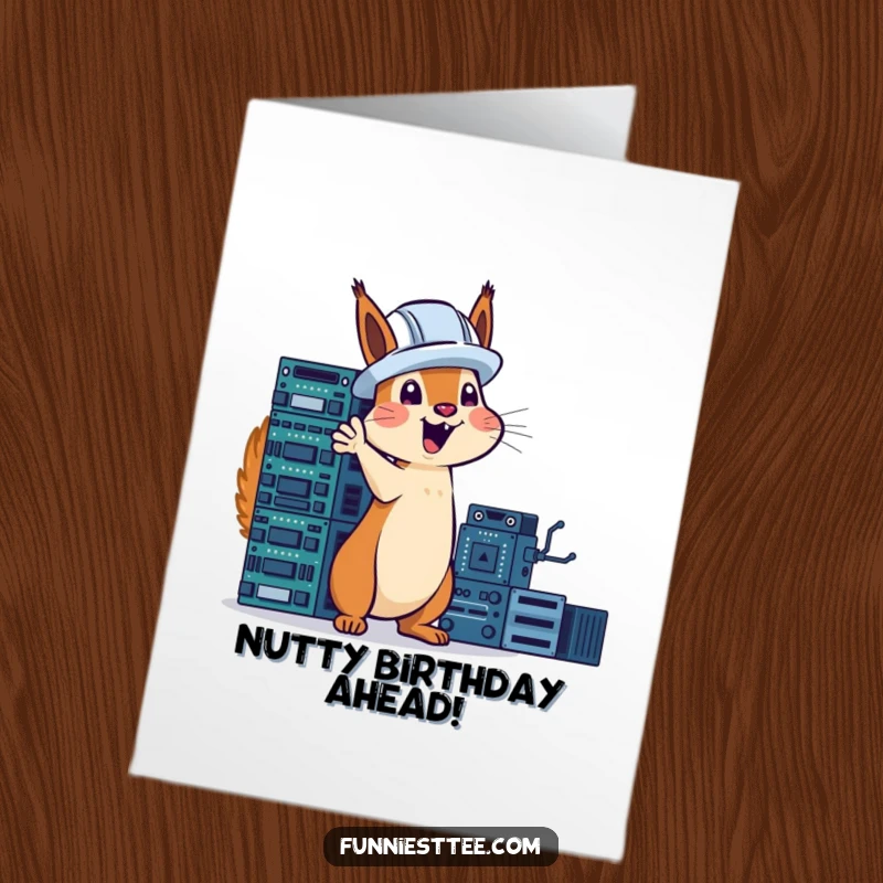 Funny Free Printable Birthday Card: Squirrel in hard hat excitedly points at a huge tower of circuit boards, a construction genius.