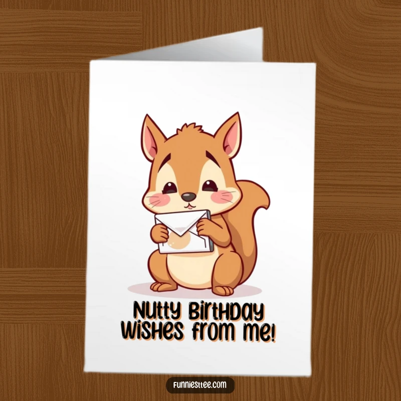 Funny Free Printable Birthday Card: Confused squirrel attempts to mail a nut to its own address.