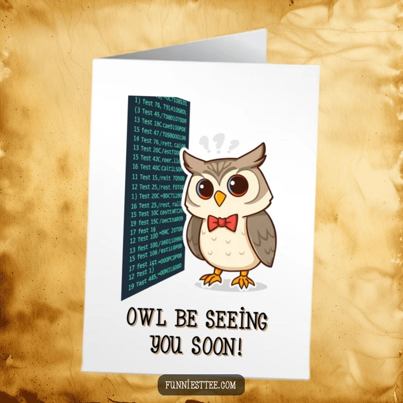 Funny Free Printable Birthday Card: Owl in a bow tie peers intently at code on a screen, a studious programmer.