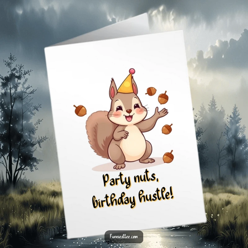 Funny Free Printable Birthday Card: Happy Squirrel in a party hat juggles acorns with energetic paws.