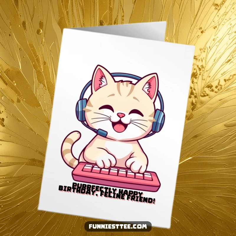 Funny Free Printable happy cat with a headset typing fast on a keyboard for a birthday.