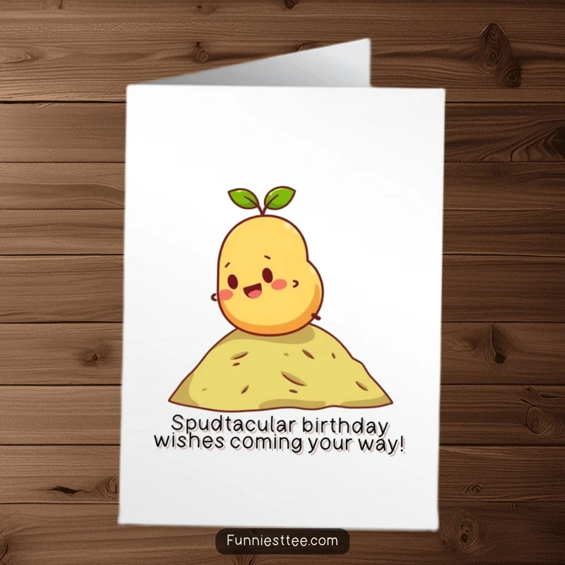 Funny Free Printable Birthday Card: A determined potato gleefully rolls down a tiny hill, ready for celebration.