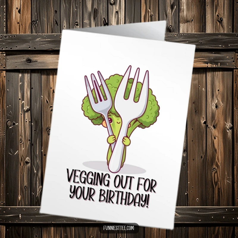 Funny Free Printable Birthday Card featuring a shy broccoli peeking from behind a giant fork and spoon, ready to wish a happy birthday.