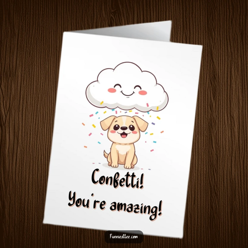 Funny Free Printable Congrats Card: Cloud showers confetti on surprised dog, celebrating your big achievement.