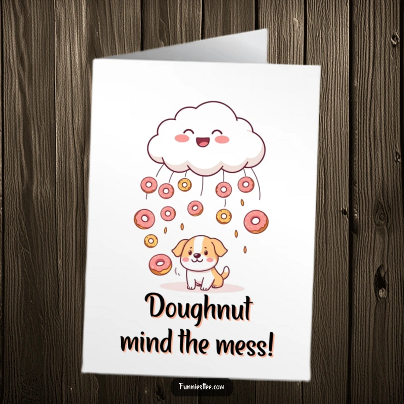 Funny Free Printable Congrats Card: Cloud showers donuts on a bewildered dog, a sweet surprise.