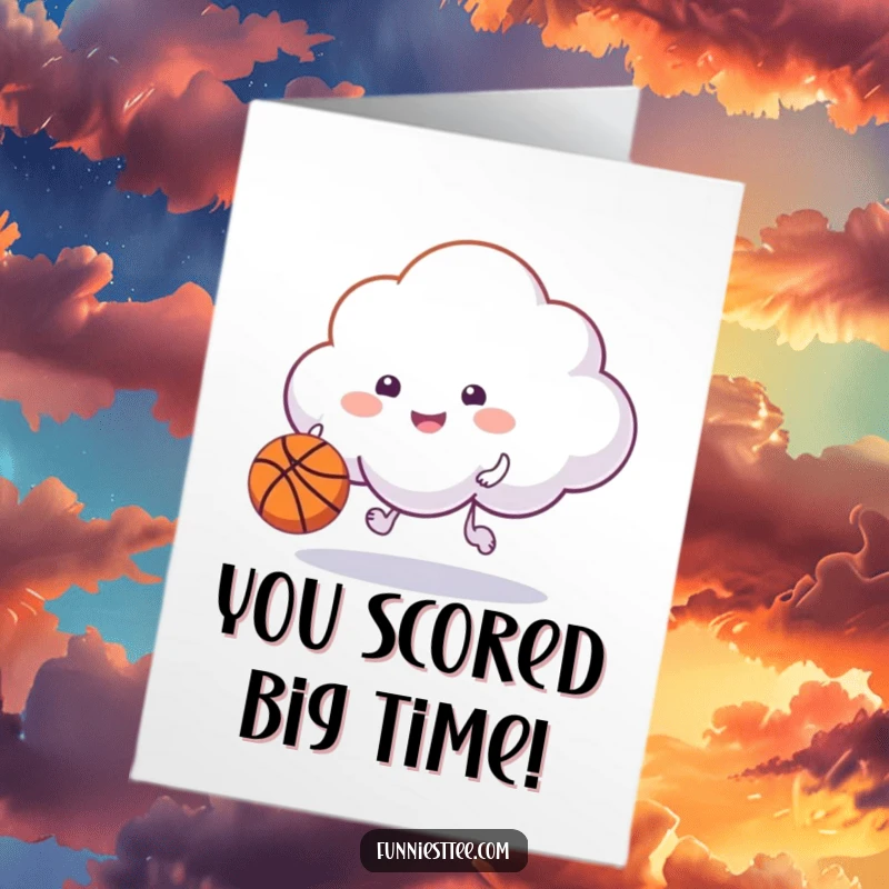 Funny Free Printable Congrats Card: A happy cloud expertly dribbles a basketball, celebrating success with sporty cheer.