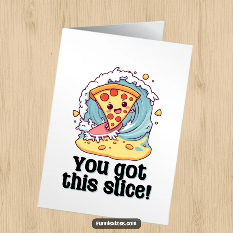 Funny Free Printable Congrats Card: A pizza slice masterfully surfs a massive wave of cheese, celebrating success boldly.