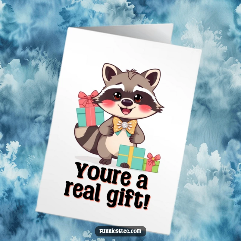 Funny Free Printable Congratulations Card: A smiling raccoon sporting a sparkly bow tie, precariously balancing gifts, signifying a well-deserved celebration.