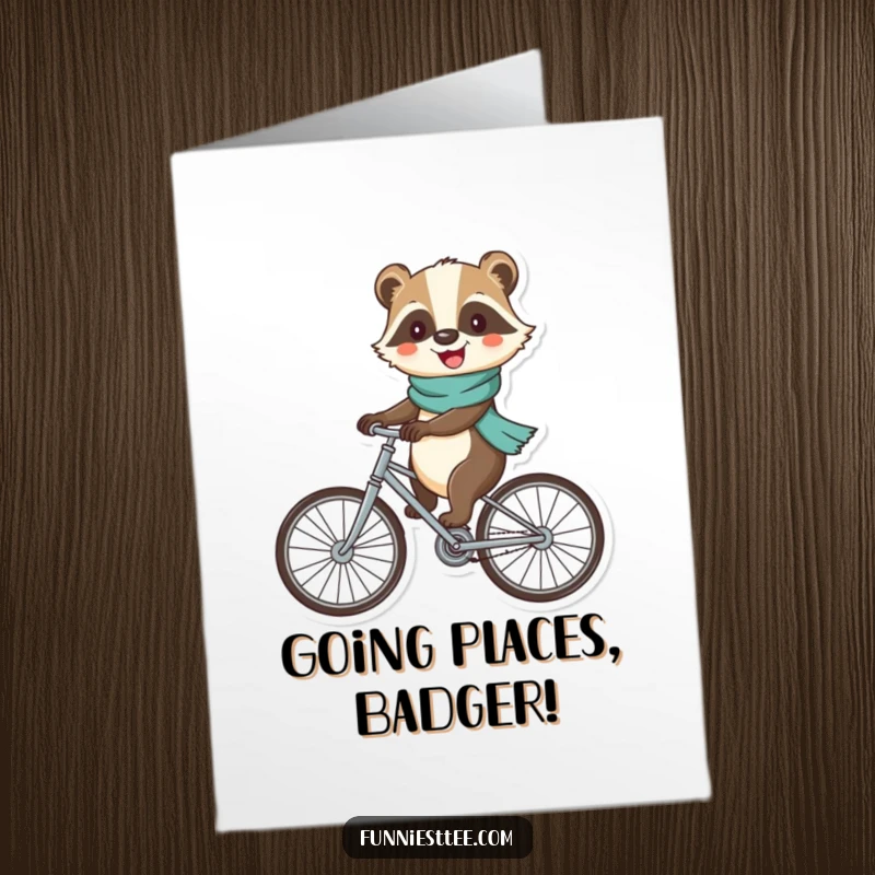 Funny Free Printable Congratulations card featuring a cheerful badger in a scarf riding a bicycle with enormous, wobbly wheels, symbolizing a fun achievement.