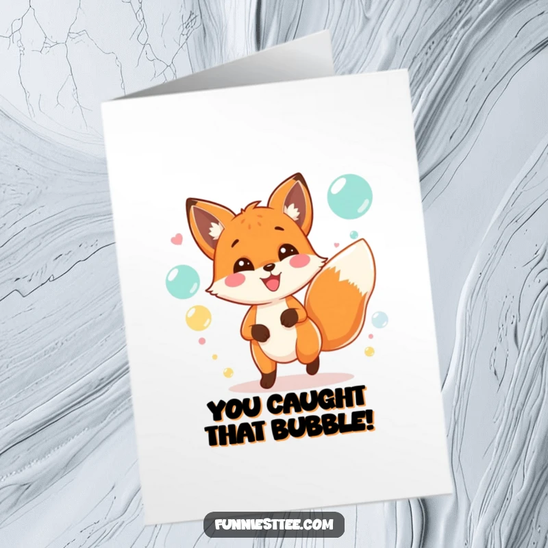 Funny Free Printable Congratulations Card: Cheerful fox with wagging tail blowing bubbles at a party, perfect for celebrating success.
