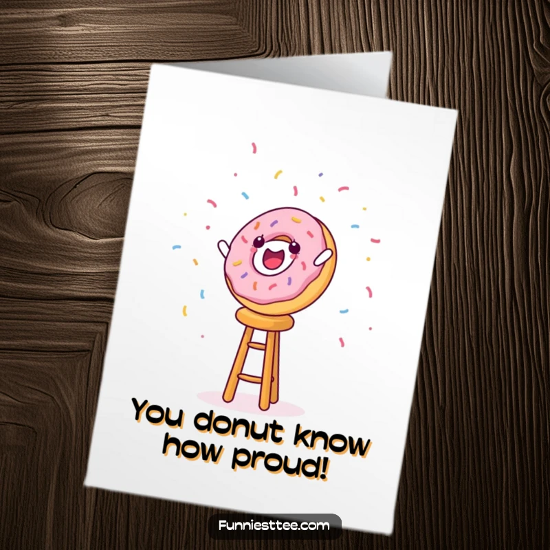 Funny Free Printable Congrats Card: A cheerful donut character falling off a stool, celebrating an achievement with flying sprinkles.