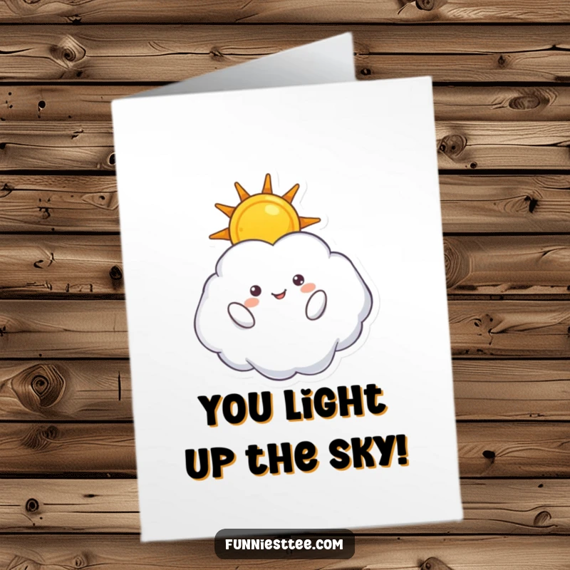 Funny free printable congratulations card, a happy cloud character upside down, holding a glowing sun, symbolizing success.