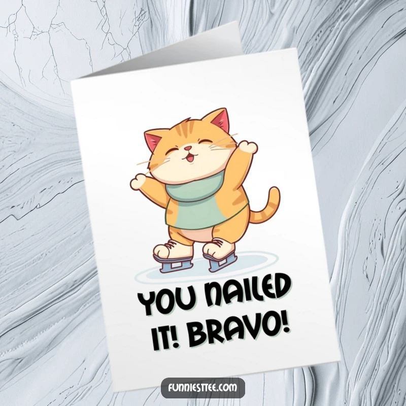 Funny Free Printable Congrats Card: Plump cat struggles hilariously on ice skates, celebrating your big win.