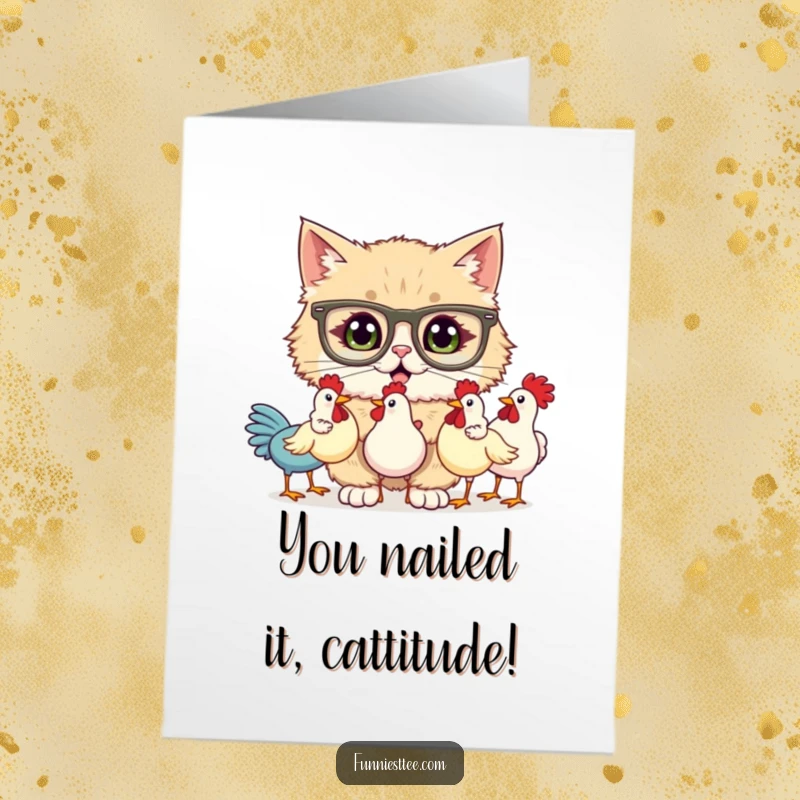 Funny Free Printable Congrats Card: Cat with glasses expertly juggling three rubber chickens with gusto.