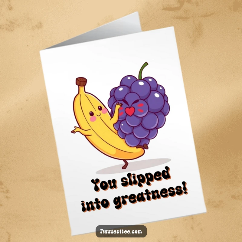 Funny free printable congratulations card: a dancing banana hilariously slips on a rogue grape, perfect for surprising someone.