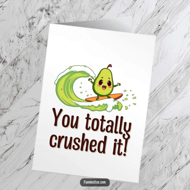 Funny Free Printable Congrats Card: Surprised avocado riding a guacamole wave, pure joy and surprise on its face.