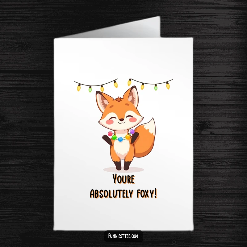 Funny Free Printable Congratulations Card: Giggling Fox in a garland dances under string lights.