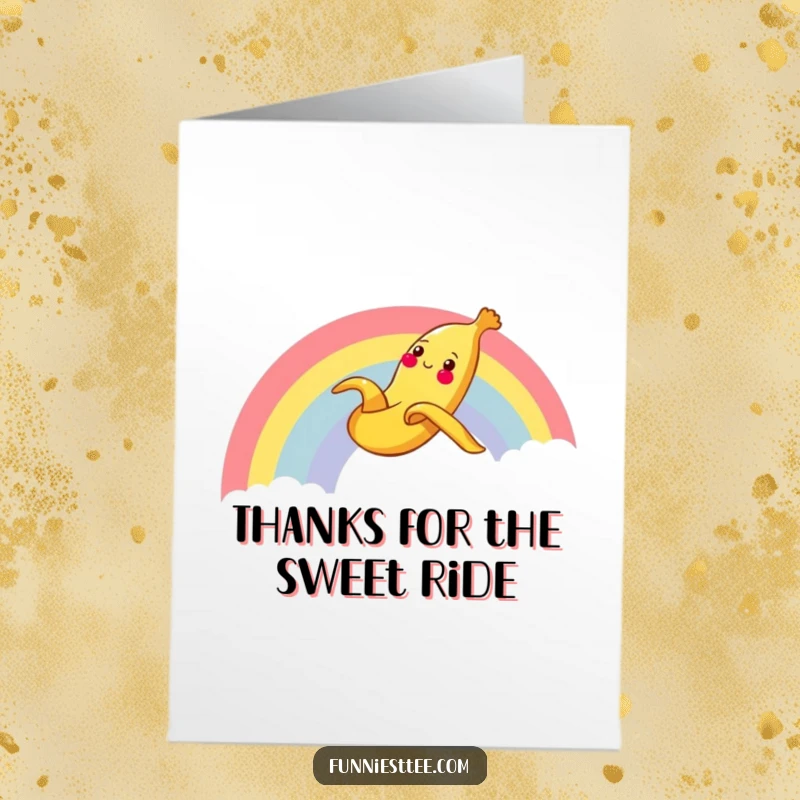 Funny Free Printable banana peel thank you card, a cheerful peel sliding gleefully down a rainbow.