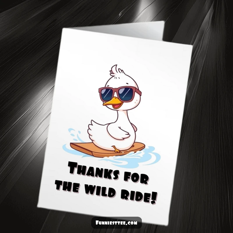 Funny Free Printable Thank You Card: A goose on skis, rocking sunglasses, goes backward, offering a comical thank you.