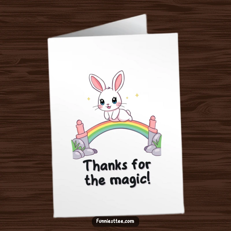 Funny Free Printable Thank You Card: Playful rabbit with sparkling eyes jumping over a rainbow bridge, conveying heartfelt thanks joyfully.
