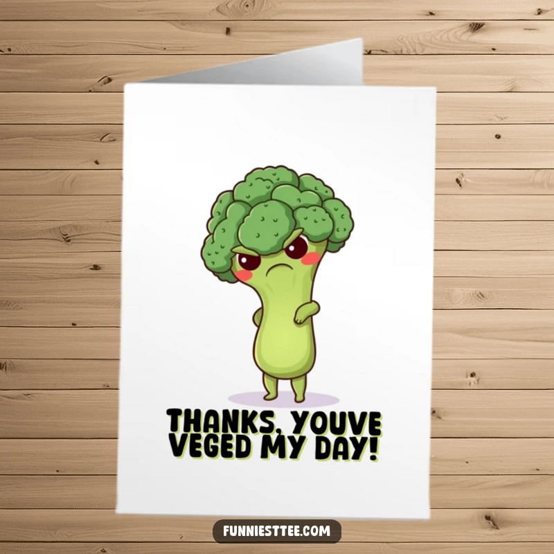 Funny Free Printable Thank You Card of a grumpy broccoli floret attempting a handstand, offering thanks with a funny expression.