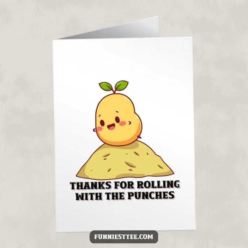 Funny Free Printable Thank You Card: A happy potato rolls down a hill, sending thanks your way.