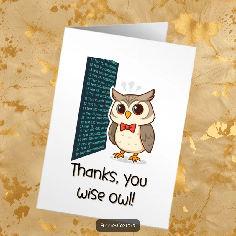 Funny Free Printable Thank You Card: Owl in a bow tie peers at code, expressing thoughtful thanks for help.