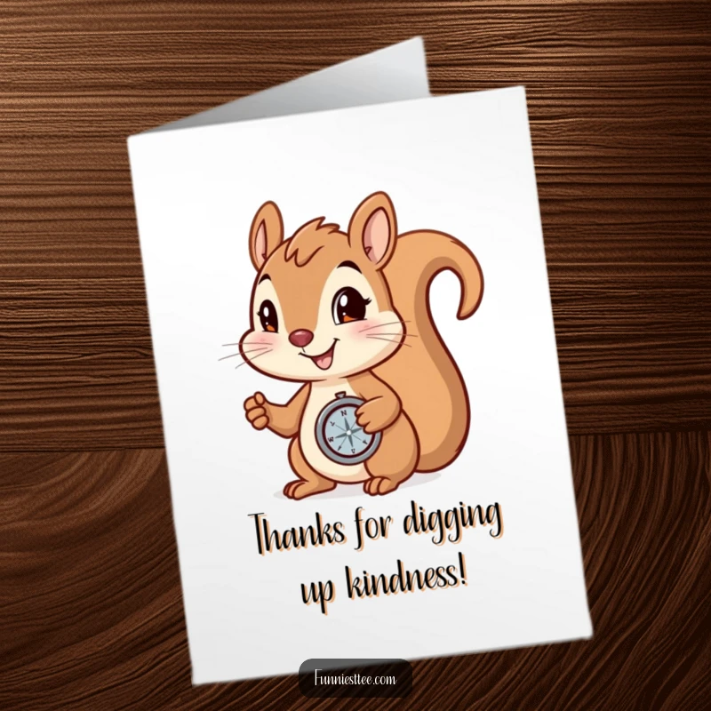 Funny Free Printable Thank You Card: Happy squirrel holding a compass, ready to find even more thanks for you.