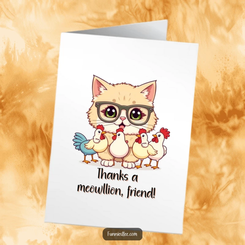 Funny Free Printable Thank You Card: Cat wearing glasses attempts to juggle rubber chickens with flair.