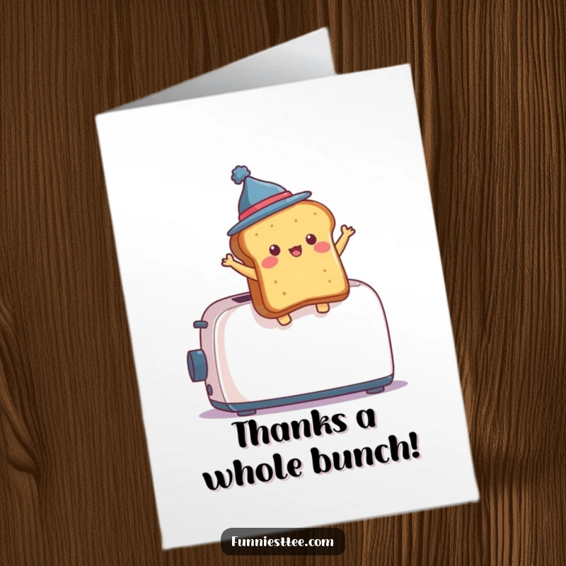 Funny Free Printable Thank You Card: Toast in a hat makes a dramatic leap from a toaster, a fun thank you.
