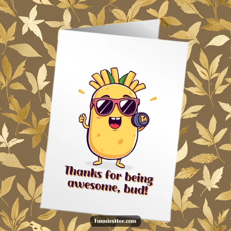 Funny Free Printable Thank You Card: A potato wearing sunglasses and holding a French fry mic says thank you.