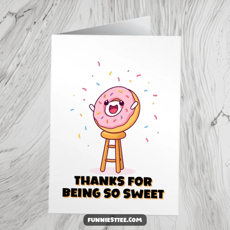 Funny Free Printable Thank You Card: A cheerful donut character falling off a stool, showering sprinkles, conveying thanks.