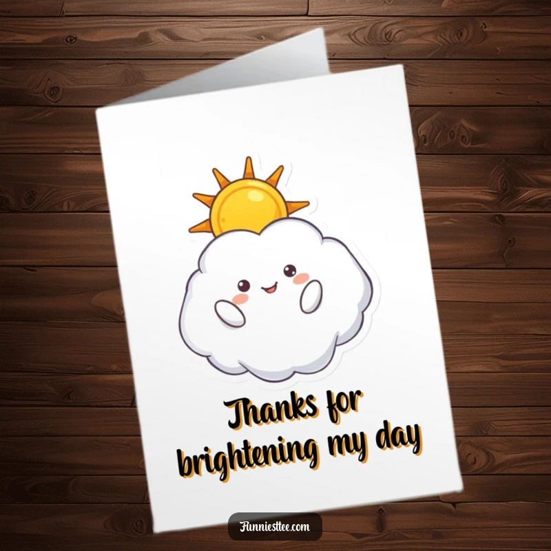 Funny free printable thank you card, an upside-down cloud character holding a bright sun, conveying heartfelt thanks.