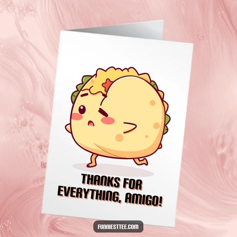 Funny Free Printable Thank You Card with a determined taco character tripping over its shell, sending a humorous thank you.