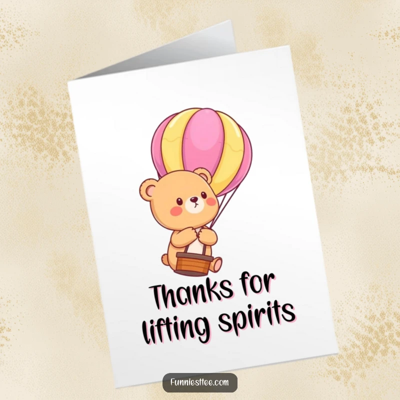 Funny Free Printable Thank You Card: A bear cub holding a balloon string drifts upwards, sending thanks.