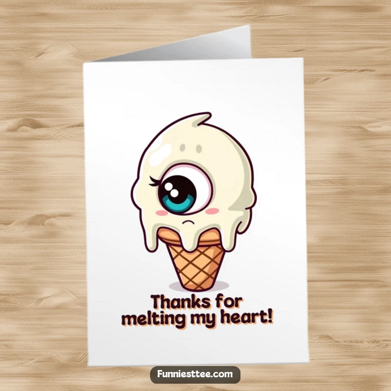 Funny Free Printable thank you card featuring a confused melting ice cream cone with one giant eye looking bewildered.