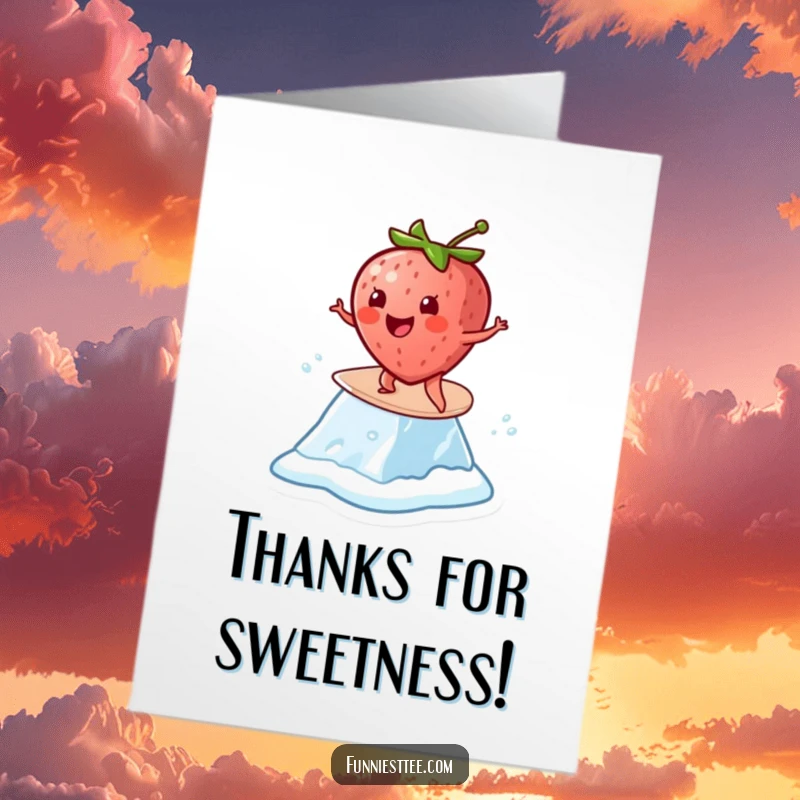 Funny Free Printable Thank You Card: Cheerful strawberry attempts to surf on a melting ice cube, looking thrilled.