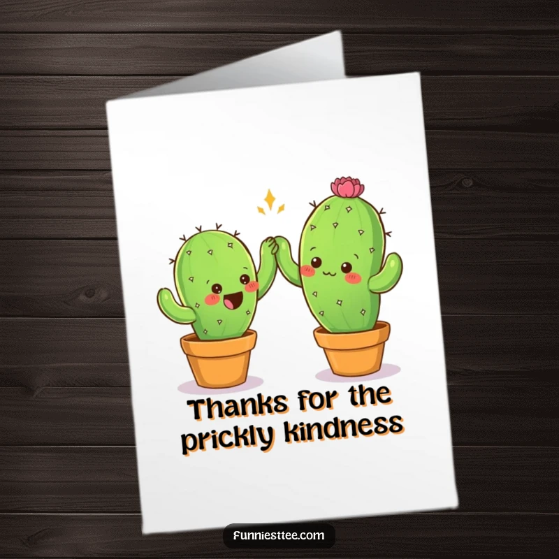 Funny free printable thank you card, two cacti characters reaching out for a hesitant high-five, showing thanks.