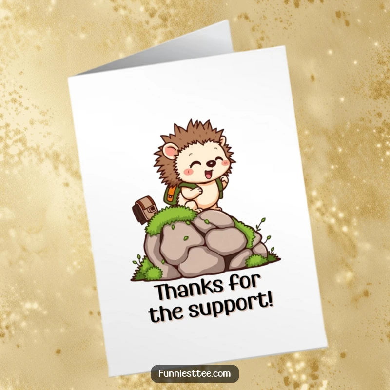 Funny Free Printable Thank You Card: Tiny hedgehog with a backpack climbing a mossy rock, conveying gratitude with cute effort.
