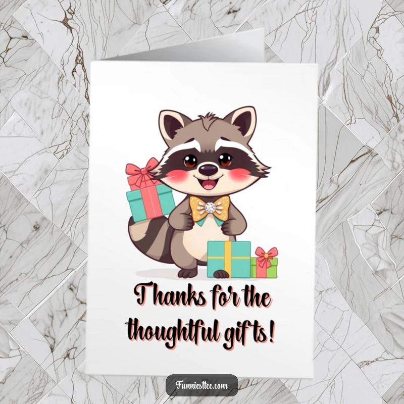 Funny Free Printable Thank You Card: A smiling raccoon in a sparkly bow tie balances gifts, conveying thanks with sophisticated charm and humor.