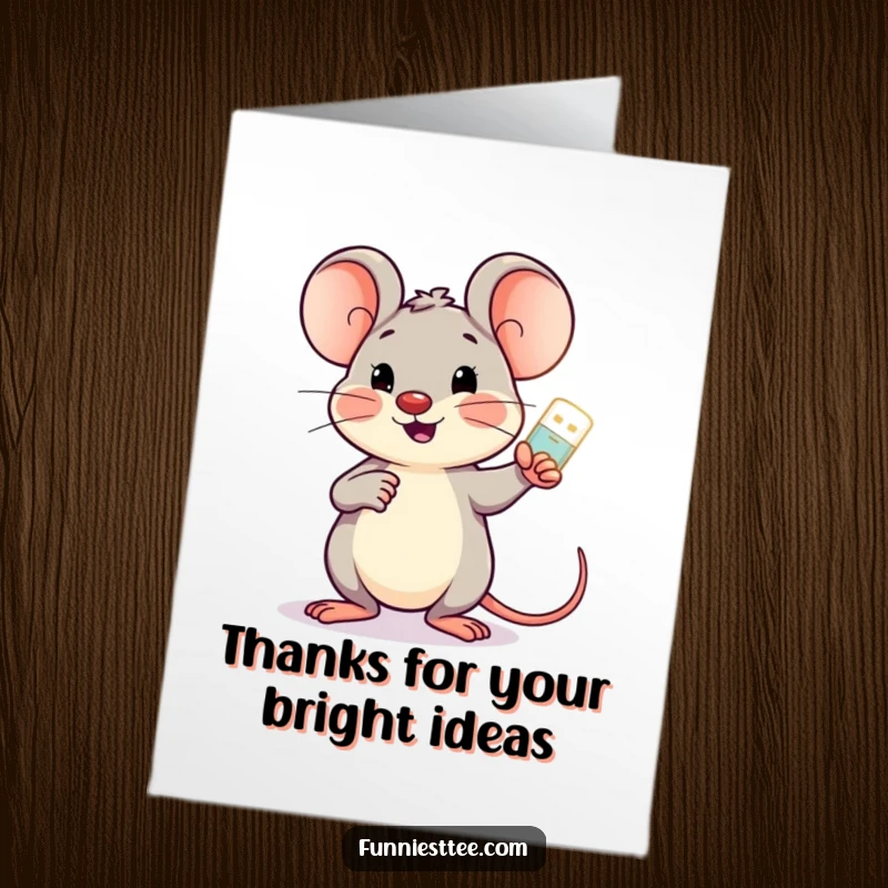 Funny Free Printable Thank You Card: Cheerful mouse with glowing USB drive points at screen to say thank you.