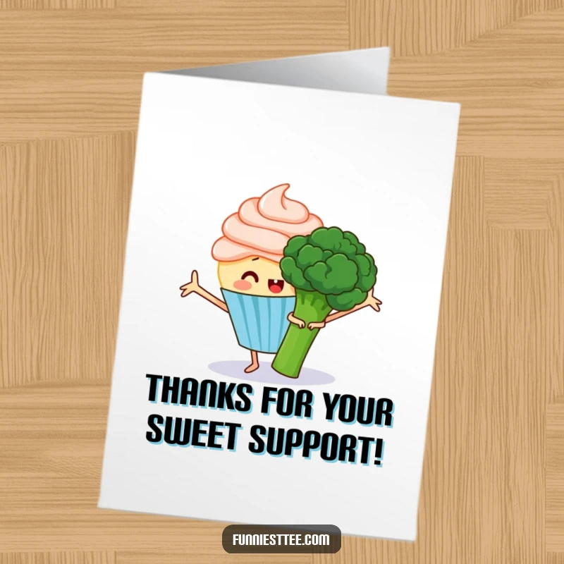 Funny Free Printable thank you card depicting a cheerful cupcake with frosting arms outstretched towards a grumpy broccoli.