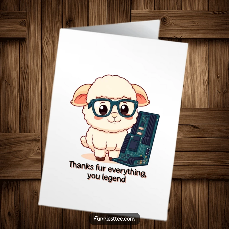 Funny Free Printable sheep with glasses and a motherboard, expressing thanks.