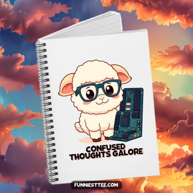 Funny Sheep Notebook: A fluffy sheep with glasses stares confusedly at a computer motherboard, great for notes.