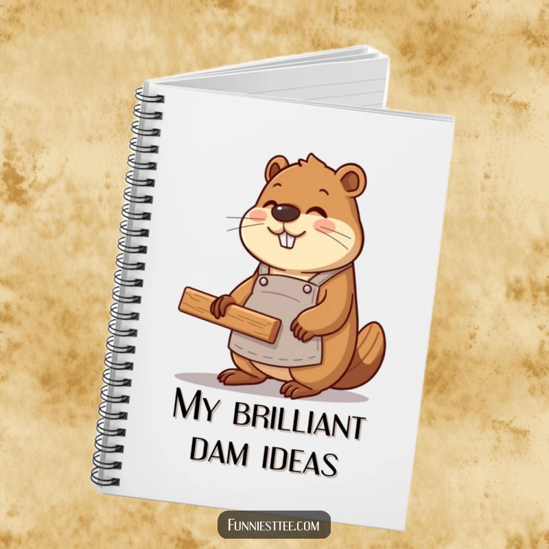 Funny beaver coder wearing an apron, constructing a website with wood planks, ideal for note-taking and brainstorming.