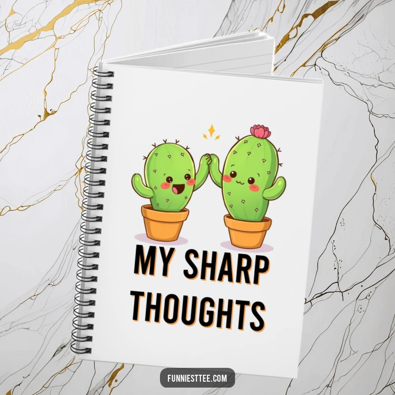 Funny notebook with two prickly cactus characters attempting a careful high-five, ideal for jotting down thoughtful entries and observations.