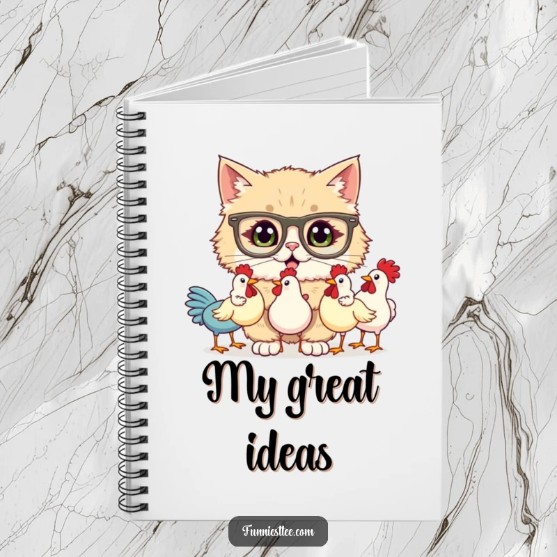 Funny notebook cover with a fluffy cat wearing spectacles, comically juggling three rubber chickens, ready to capture your jottings and jokes.
